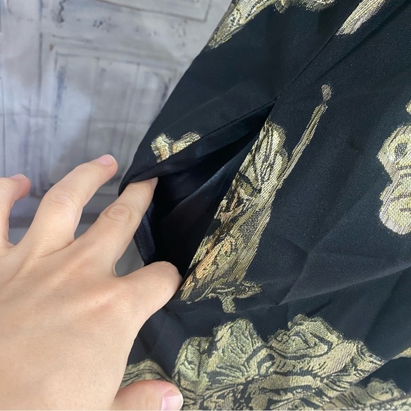 Alex Marie Black Gold Mock Neck Puff Sleeve Midi Dress Belted Pockets Cocktail - Picture 9 of 16